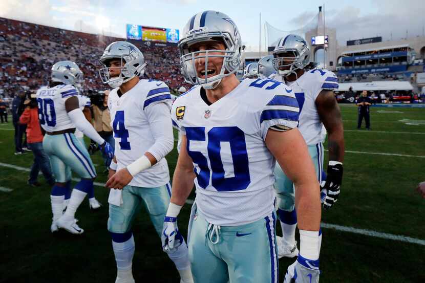 Dallas Cowboys outside linebacker Sean Lee (50) gets fired up before their NFC Divisional...