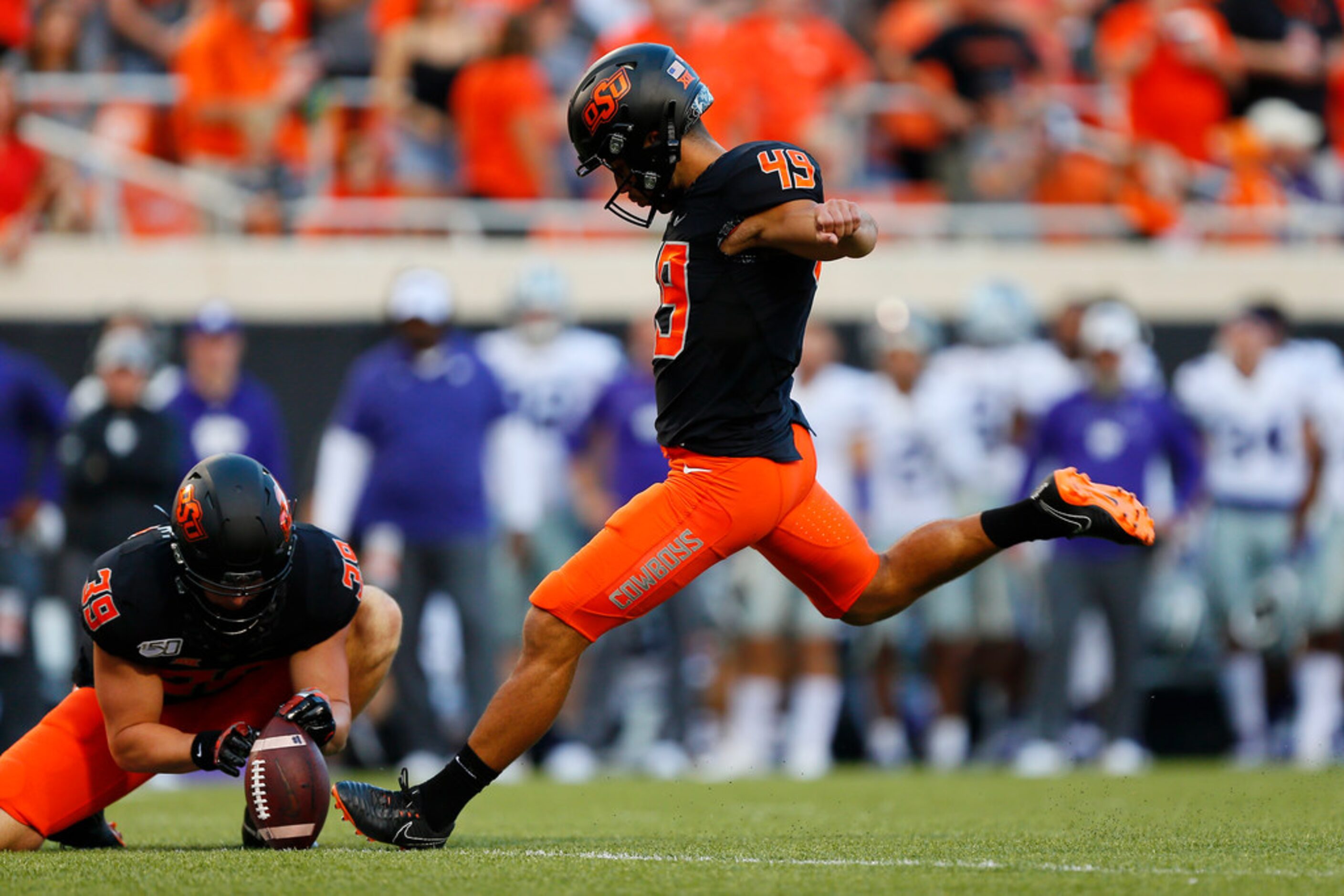 STILLWATER, OK - SEPTEMBER 28:  Kicker Matt Ammendola #49 of the Oklahoma State Cowboys...