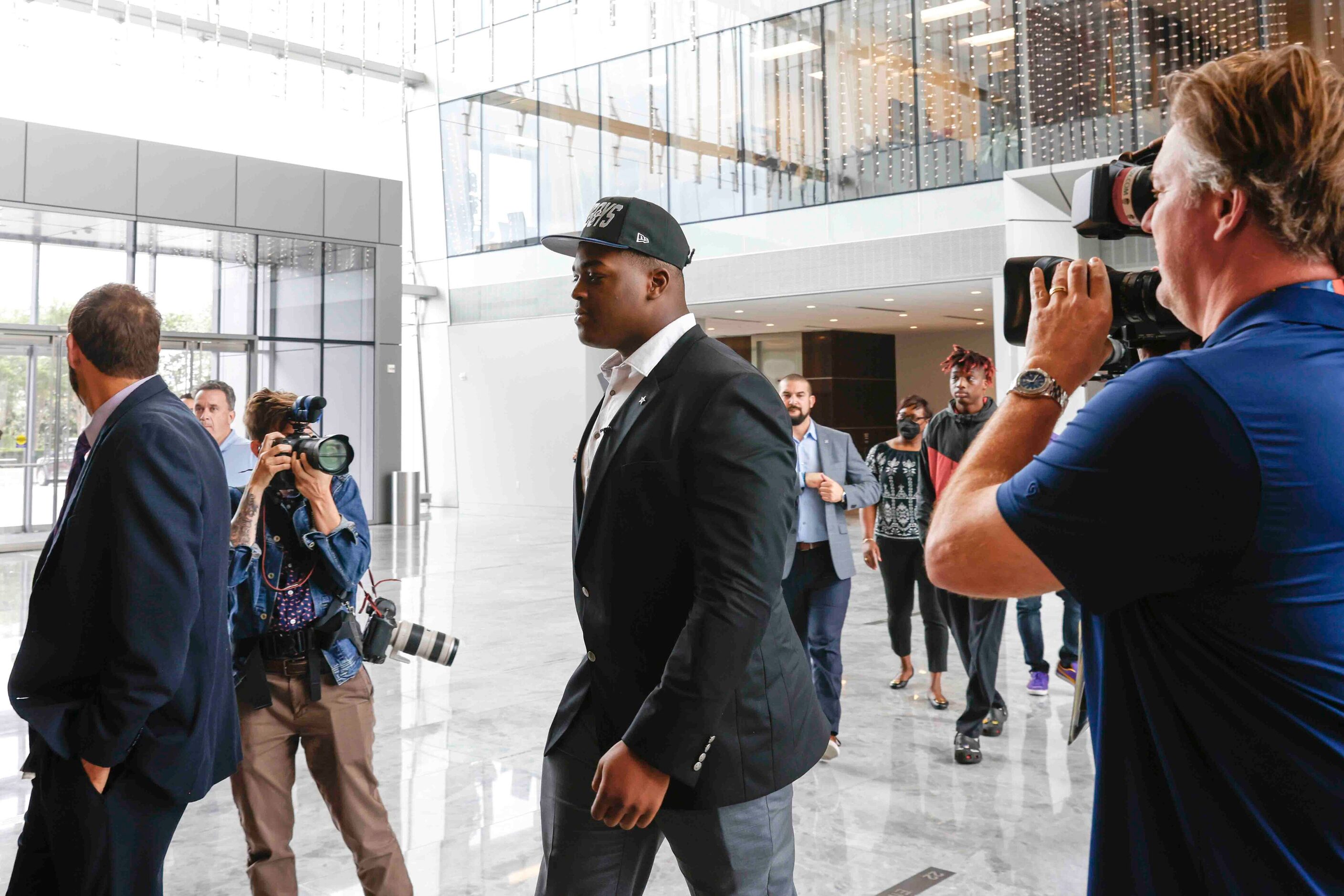 Dallas Cowboys first round draft pick Tyler Smith of Tulsa arrives at the Star in Frisco on...