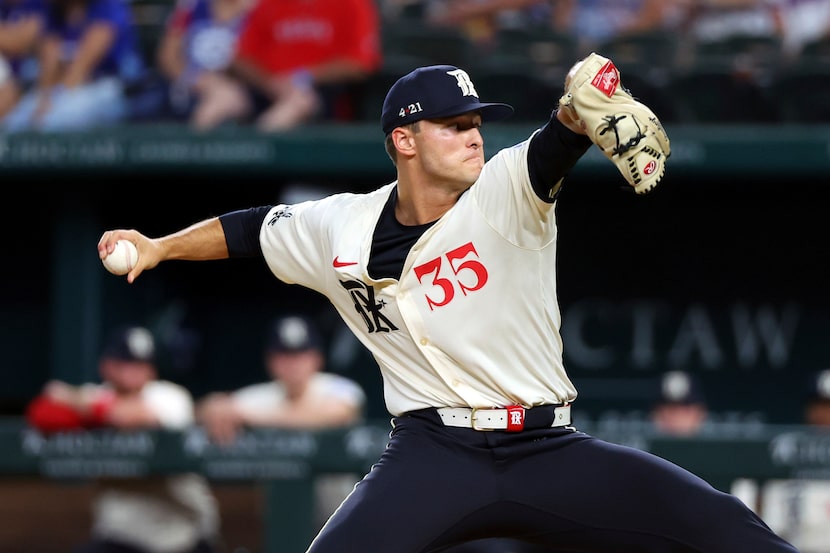 Texas Rangers pitcher Jack Leiter delivers in the fourth inning of a baseball game against...