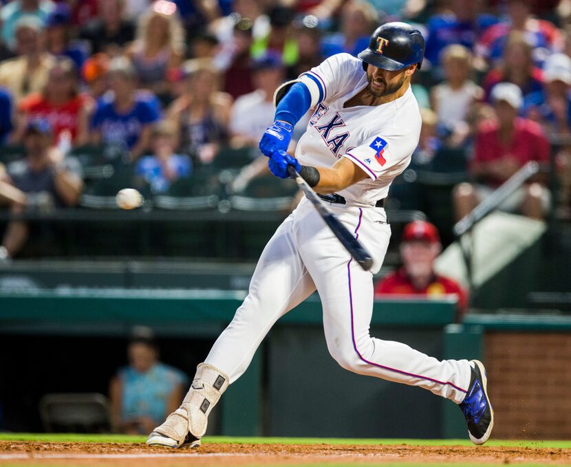 Texas Rangers right fielder Joey Gallo (13) bats during the fifth inning of an MLB game...