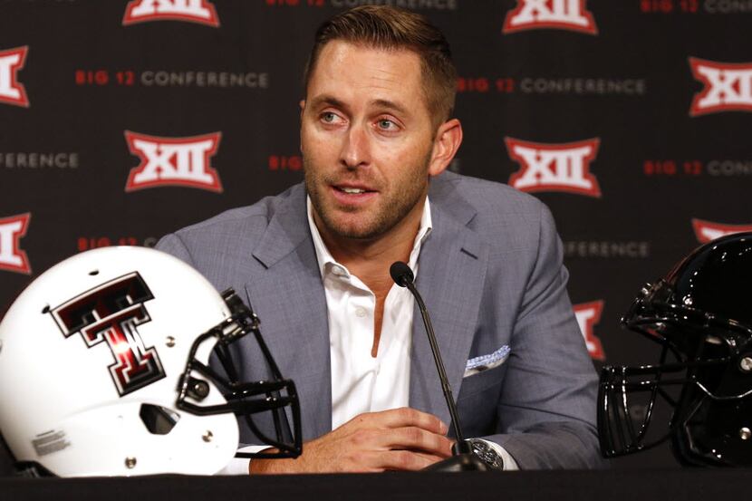 Texas Tech head football coach Kliff Kingsbury answers questions from the news media during...