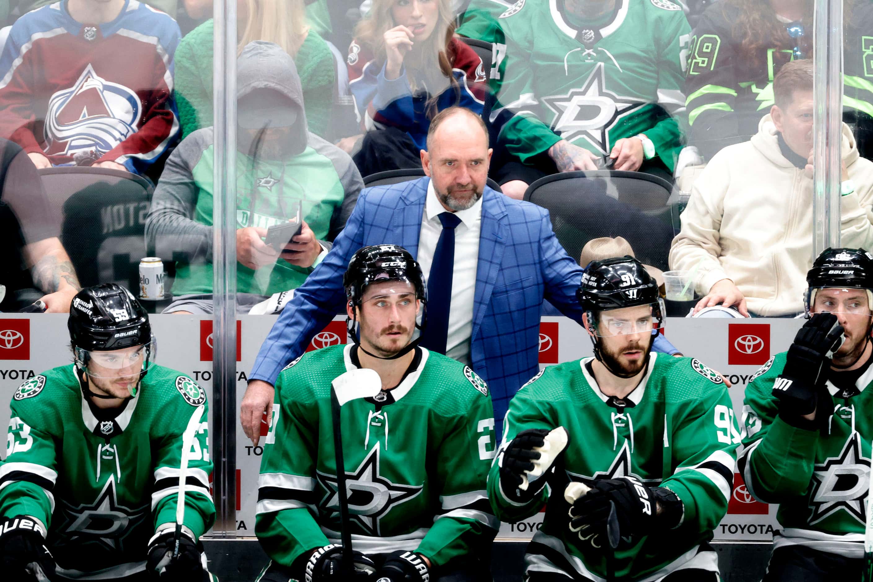 Dallas Stars head coach Peter DeBoer  watches his players during the third period in Game 2...