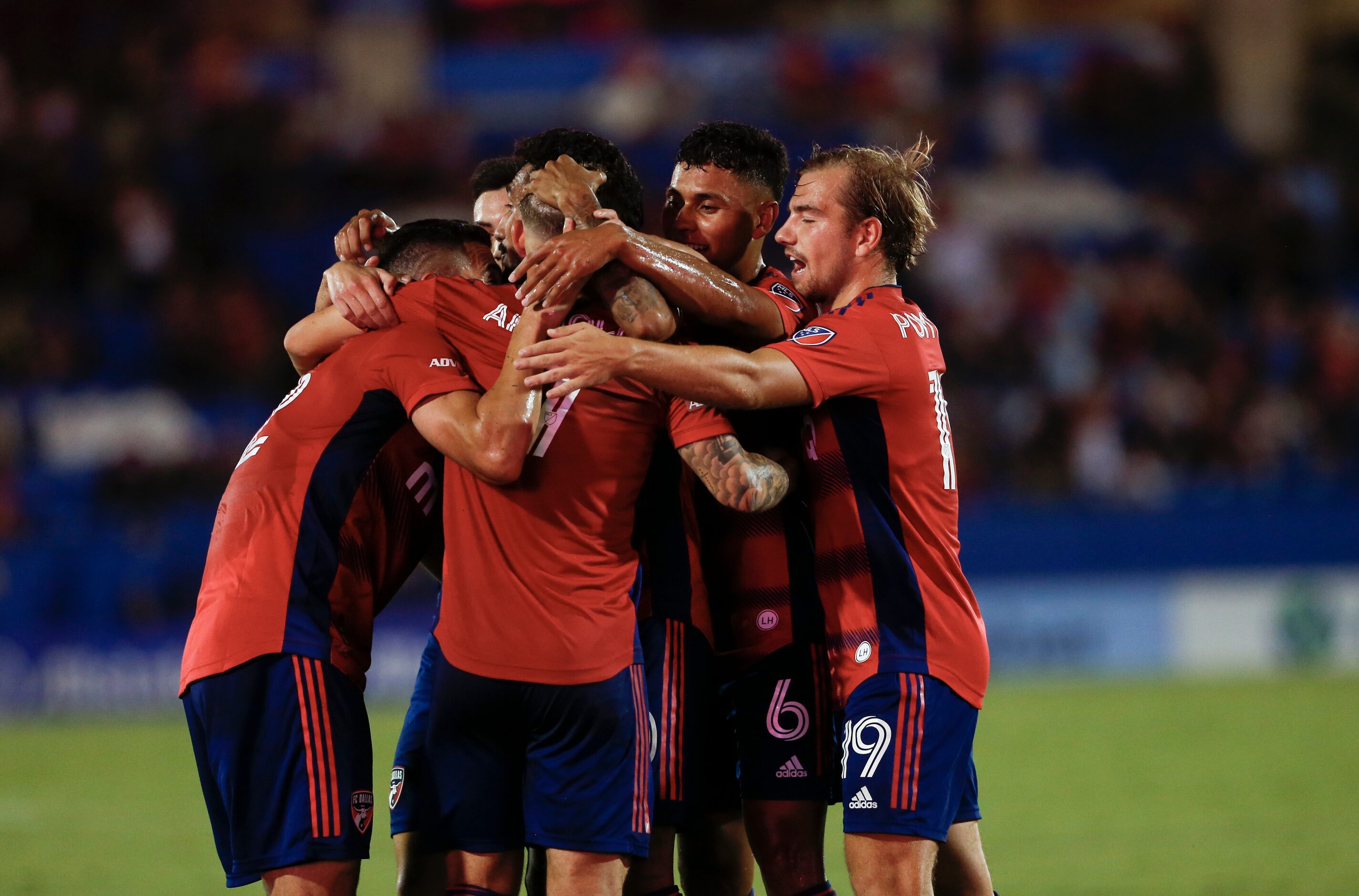 FC Dallas players celebrate FC Dallas forward Jesús Ferreira’s (10) goal during the first...