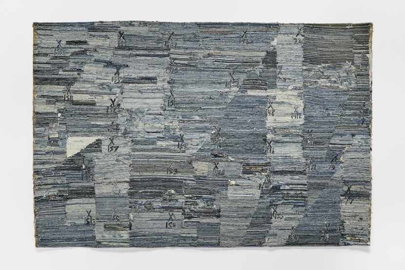 Jamal Cyrus' "River Bends to Gulf (Double Time)," a 2021 denim-and-cotton-thread work, is...
