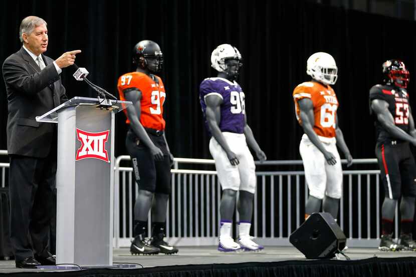 FILE - Commissioner Bob Bowlsby speaks during a press conference at Big 12 Media Day at Ford...