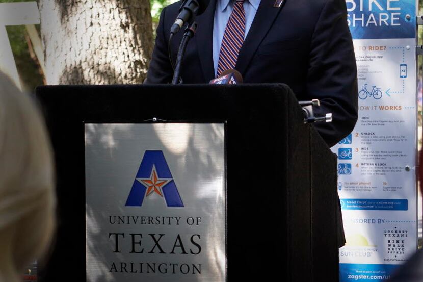 UT Arlington President Vistap Karbhari speaks during the launch of the schools bike share...