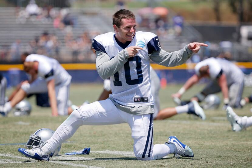 Dallas Cowboys wide receiver Ryan Switzer (10) points as he stretches after practice during...