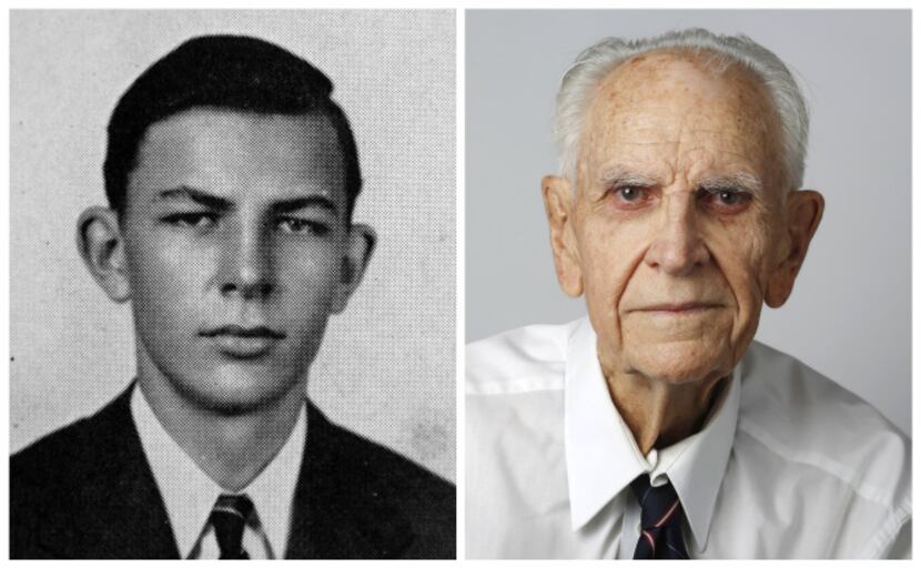 Bill Nolen in his 1943 senior class picture and today.