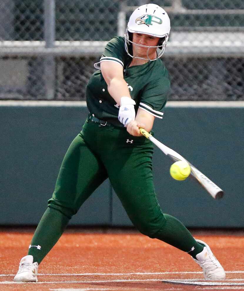FILE — Prosper High School first baseman Sydney Lewis makes contact in the second inning OF...