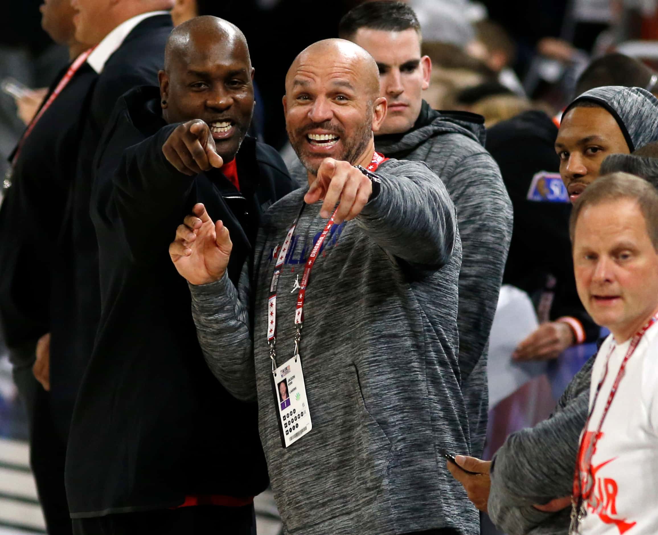 Former NBA player Gary Payton (left) and Los Angeles Lakers assistant coach Jason Kidd point...