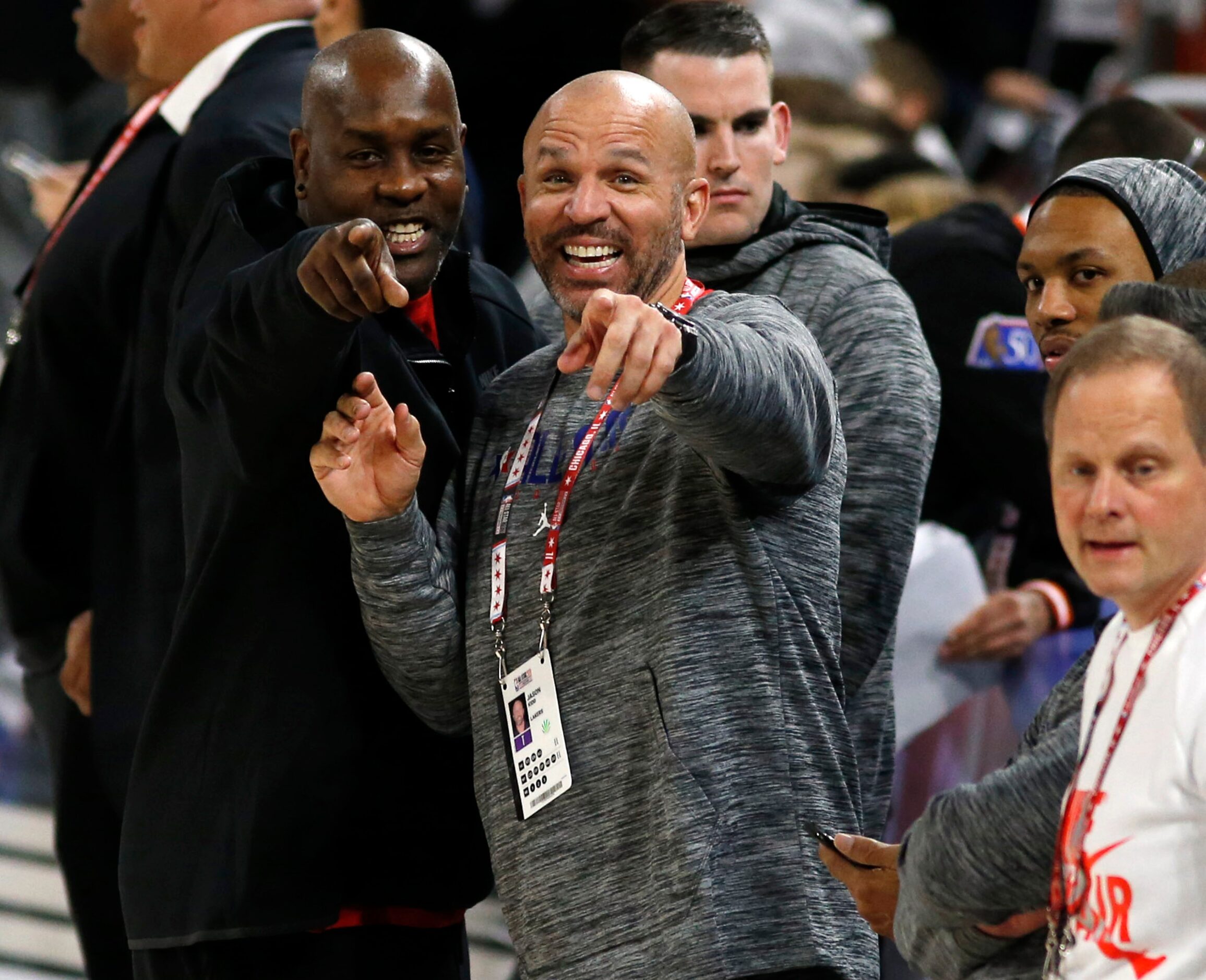 Former NBA player Gary Payton (left) and Los Angeles Lakers assistant coach Jason Kidd point...