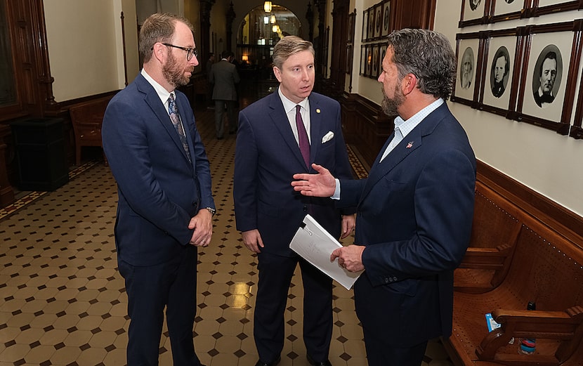 Luke Metzger, left, and Doug Deason, right,  have teamed with Denton County Sen.Tan Parker,...