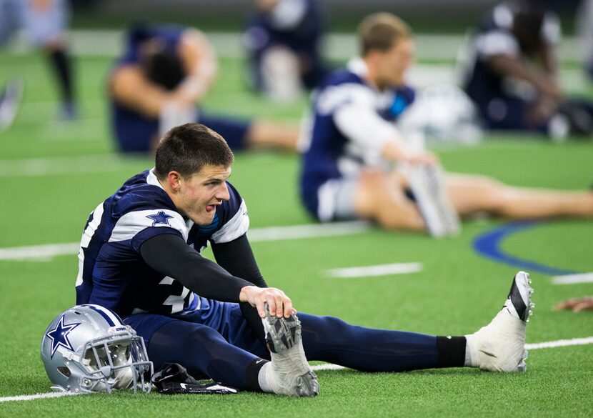 Cowboys strong safety Jeff Heath (38) stretches during OTAs on Wednesday, May 29, 2019, at...