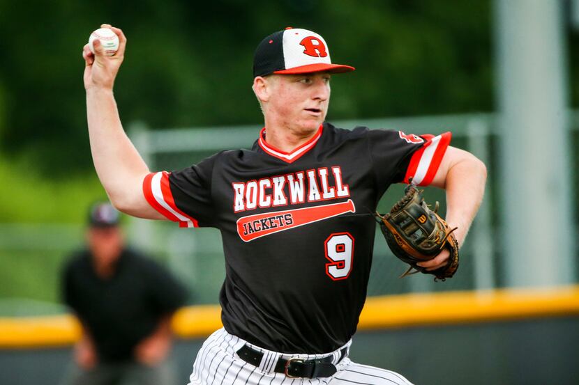 Rockwall's Brandon Troxler pitches during an 11-1 win over Prosper in Game 3 of the Class 6A...