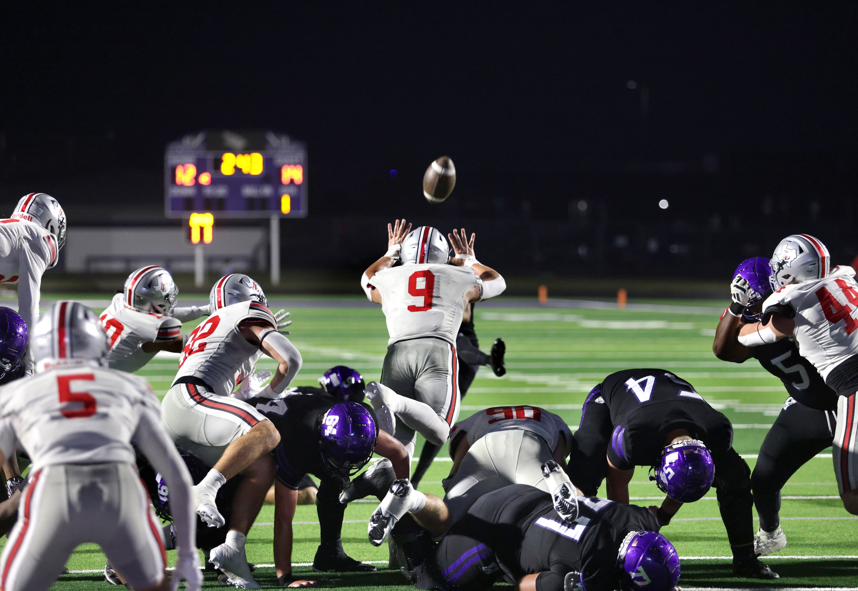 Lovejoy player #9 Gavin Prince tries to stop a field goal during the Lovejoy High School at...