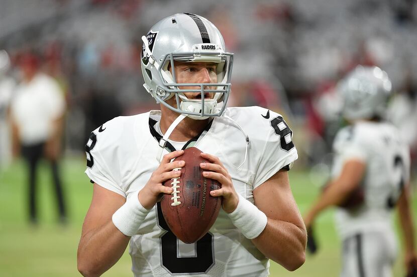 GLENDALE, AZ - AUGUST 12:  Connor Cook #8 of the Oakland Raiders warms up prior to a game...
