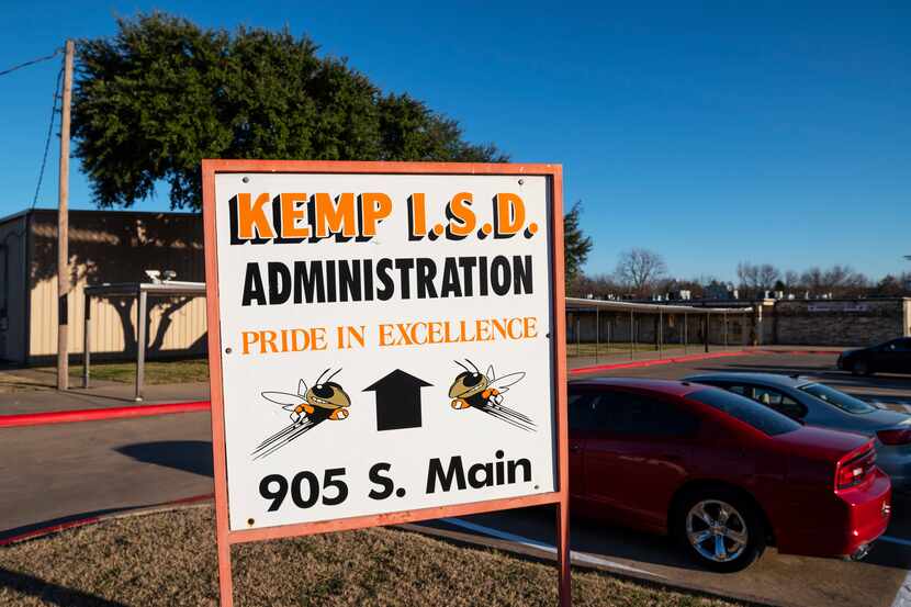 Signage outside of the Kemp ISD admin building before a board meeting, on Monday, Dec. 14,...
