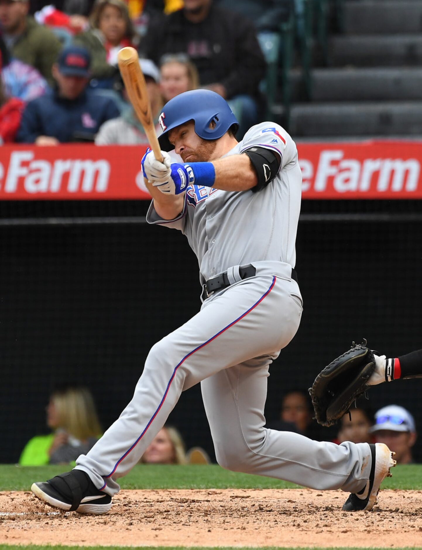 ANAHEIM, CA - MAY 26: Logan Forsythe #41 of the Texas Rangers hits a RBI single in the sixth...