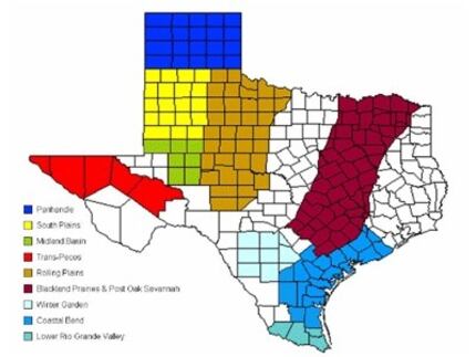A map of the cotton regions in Texas