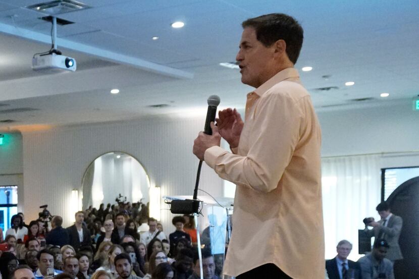 Dallas Mavericks owner Mark Cuban speaks at The Hall of Dragon during Start Up Week in...