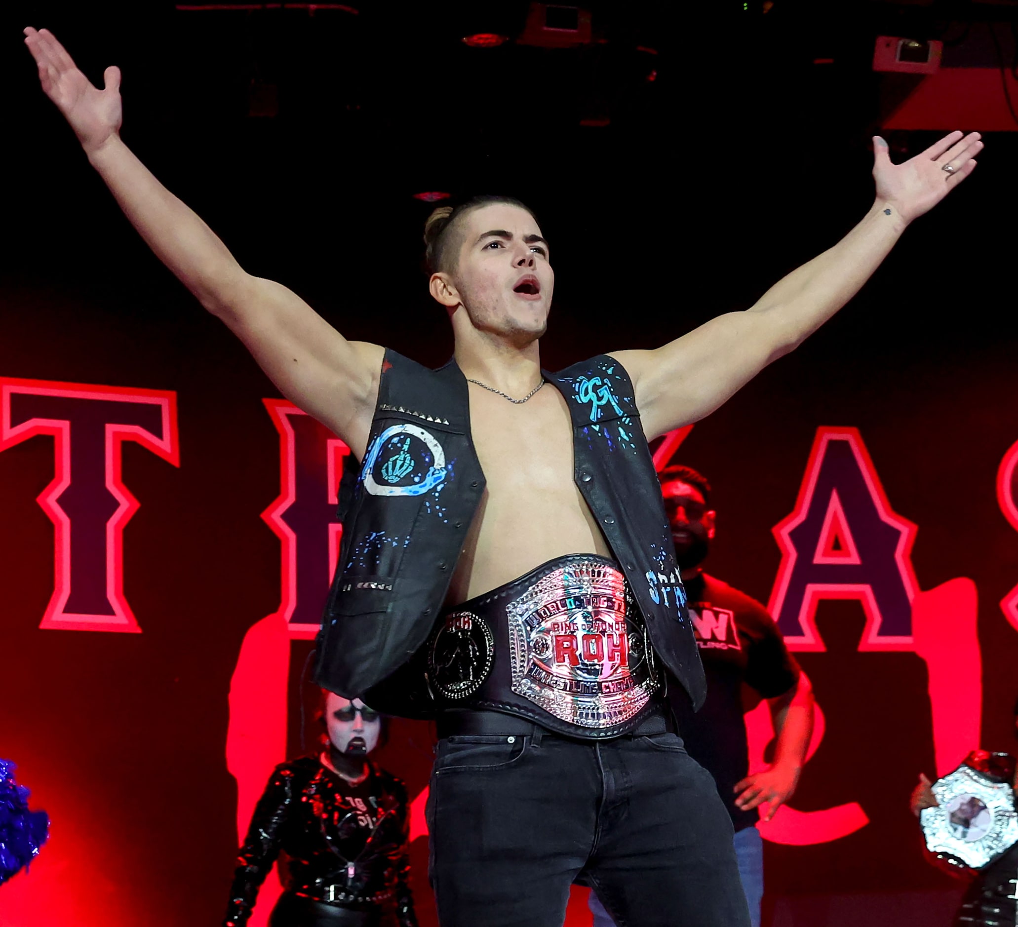 Sammy Guevara welcomes the crowd at the All Elite Wrestling kickoff party on Wednesday,...