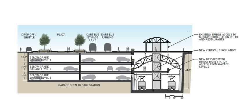 An underground garage would replace surface parking lots.