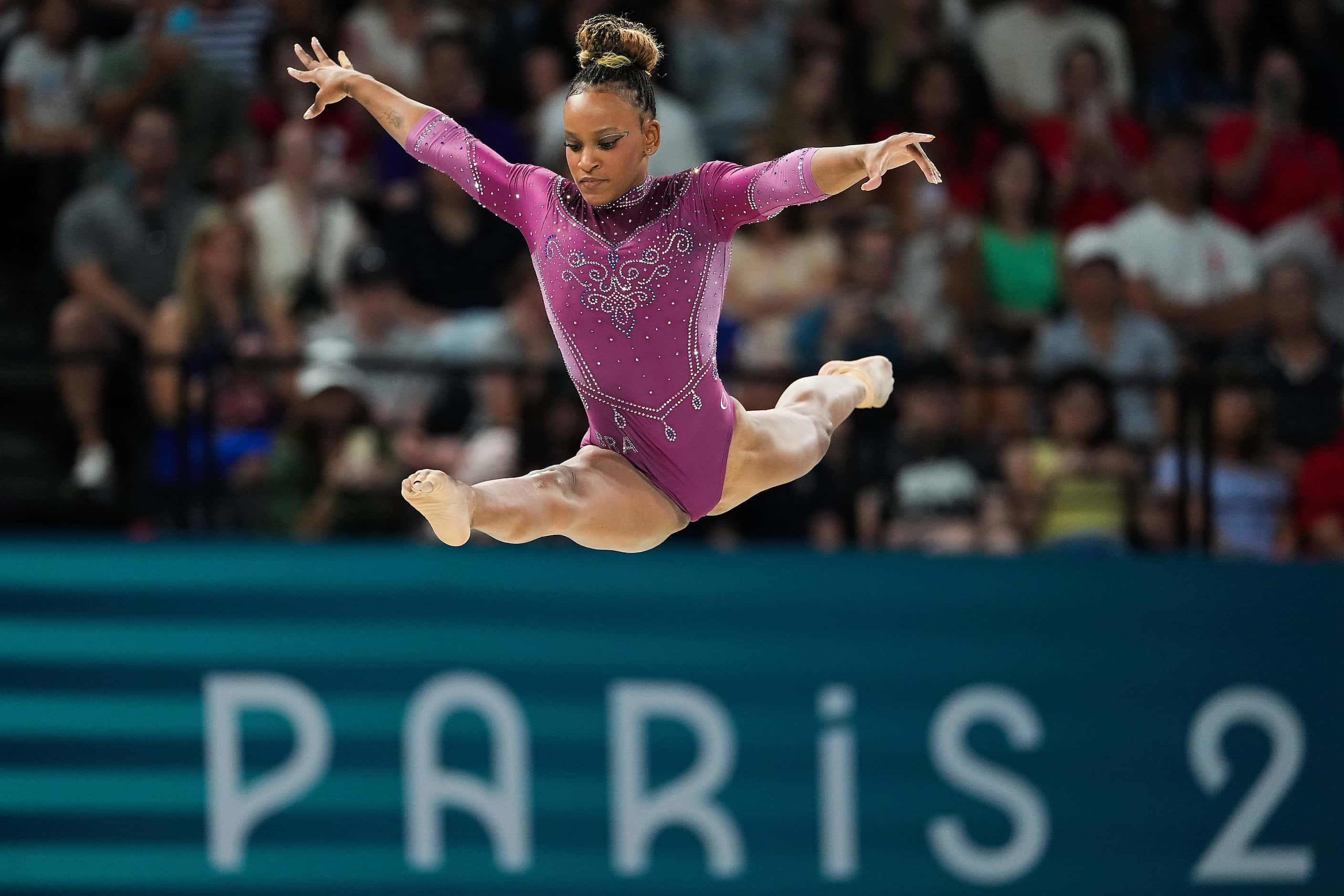 Rebeca Andrade of Brazil competes on the balance beam during the women’s balance beam finals...