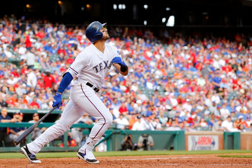 Texas Rangers first baseman Joey Gallo (13) watches a pop-up against the Houston Astros...