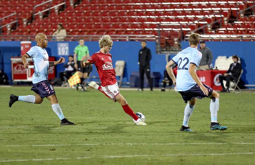 Thomas Roberts shoots against Forward Madison in the North Texas SC playoff semifinal....