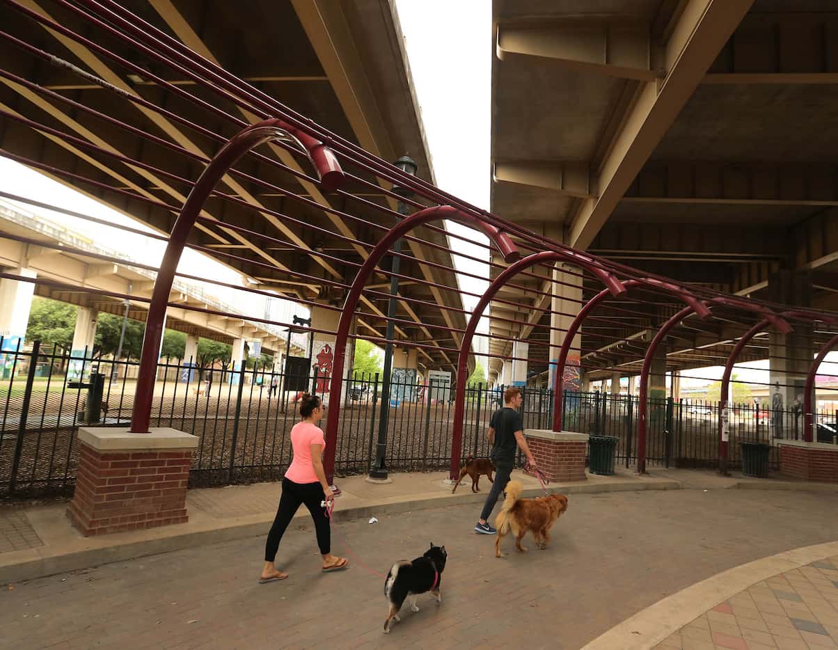 The Bark Park in Deep Ellum is located under some freeway overpasses in Dallas, photographed...