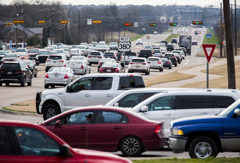 Traffic backs up at evening rush hour on U.S. Highway 380 near Lake Forest Drive in McKinney.