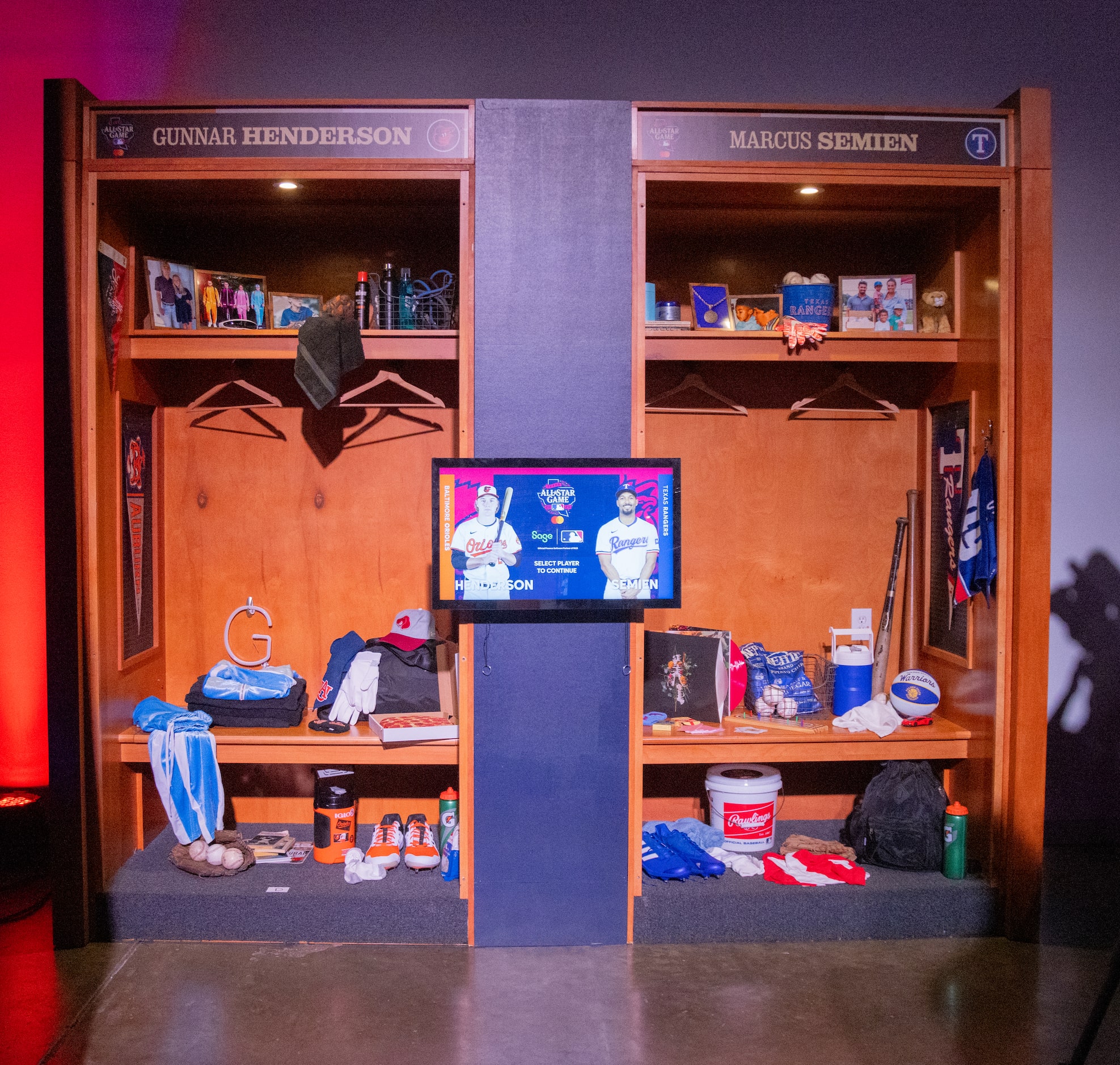 A model of Gunnar Henderson and Marcus Semien’s lockers on display in the All-Star Clubhouse...