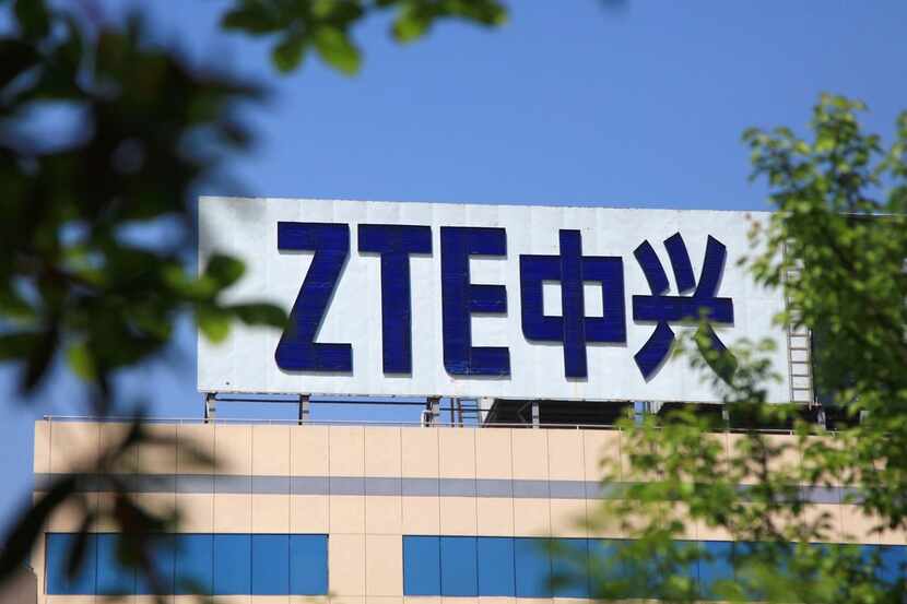 This photo taken on April 19, 2018 shows the ZTE logo on a building in Nanjing in China's...