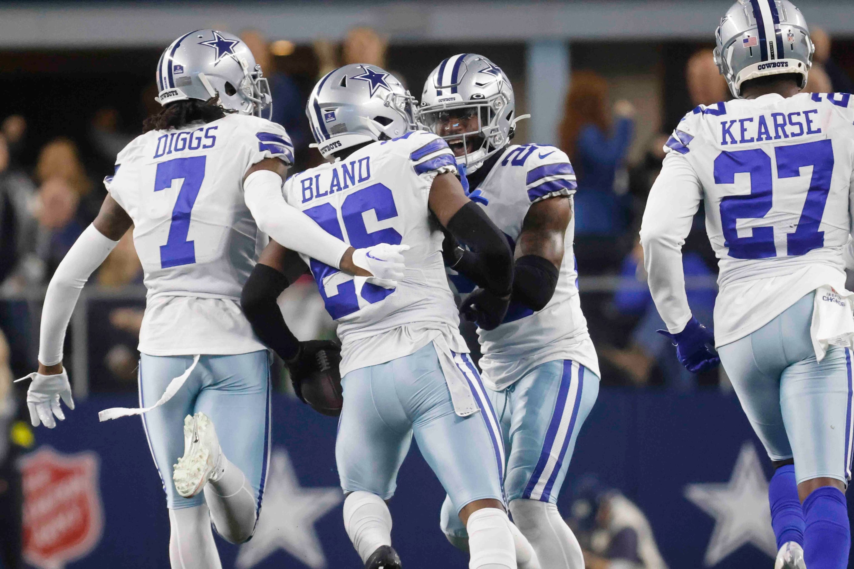 Dallas Cowboys cornerback DaRon Bland (26), celebrates after intercepting a pass during the...