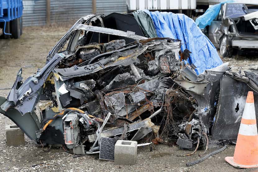 The debris of a Tesla vehicle that was involved in an accident in Nov. 2016 sits at the...