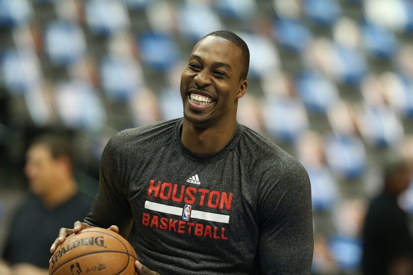 Nov 20, 2013; Dallas, TX, USA; Houston Rockets center Dwight Howard (12) smiles prior to the...