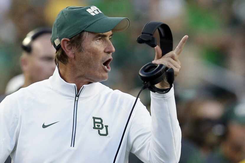 FILE - In this Sept. 12, 2015, file photo, then-Baylor coach Art Briles yells from the...