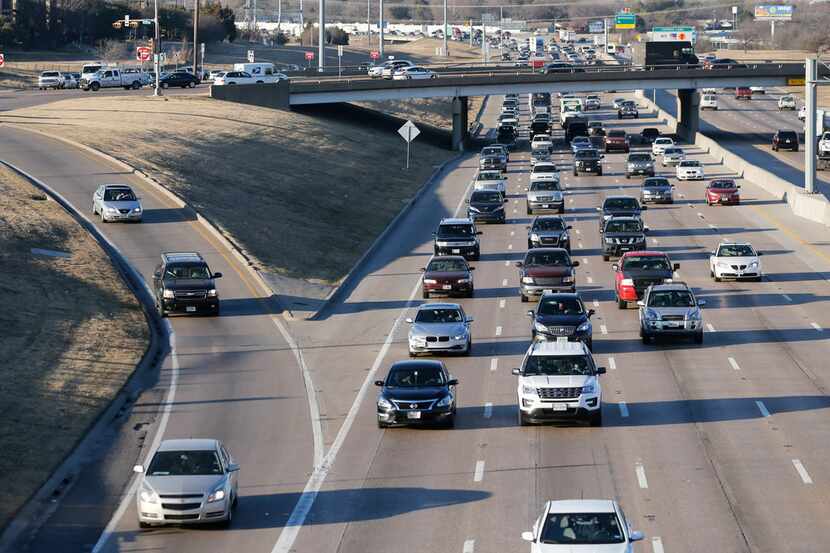 LBJ Freeway traffic heading eastbound towards I-30 near the Galloway Avenue intersection in...