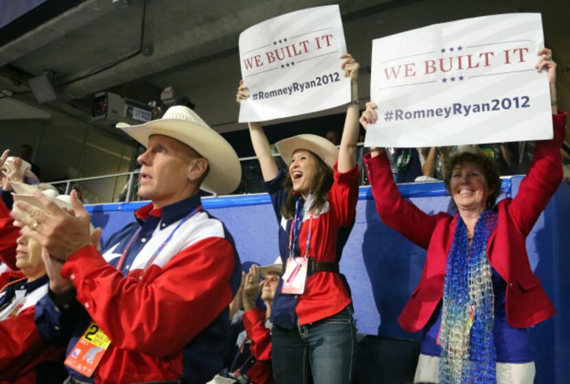 Alternate delegate Kassie Dulin (center) from Coppell cheered Senate candidate Ted Cruz's...