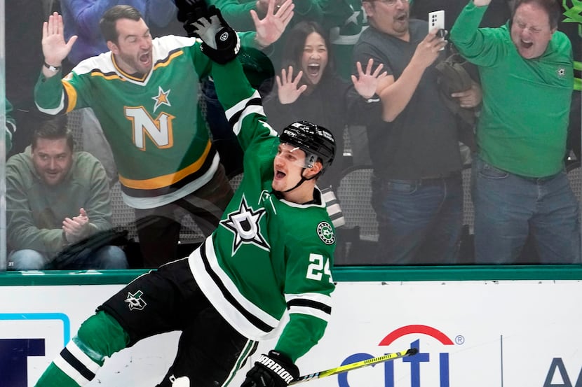 Dallas Stars center Roope Hintz celebrates his goal during the second period of an NHL...