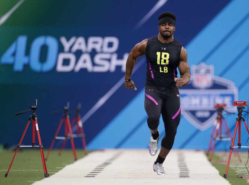 Western Kentucky linebacker Joel Iyiegbuniwe runs the 40-yard dash at the NFL football...