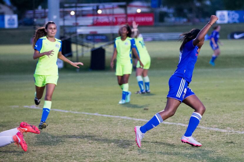 Solar Chelsea Red forward Trinity Byars (right) celebrates after scoring a goal during the...