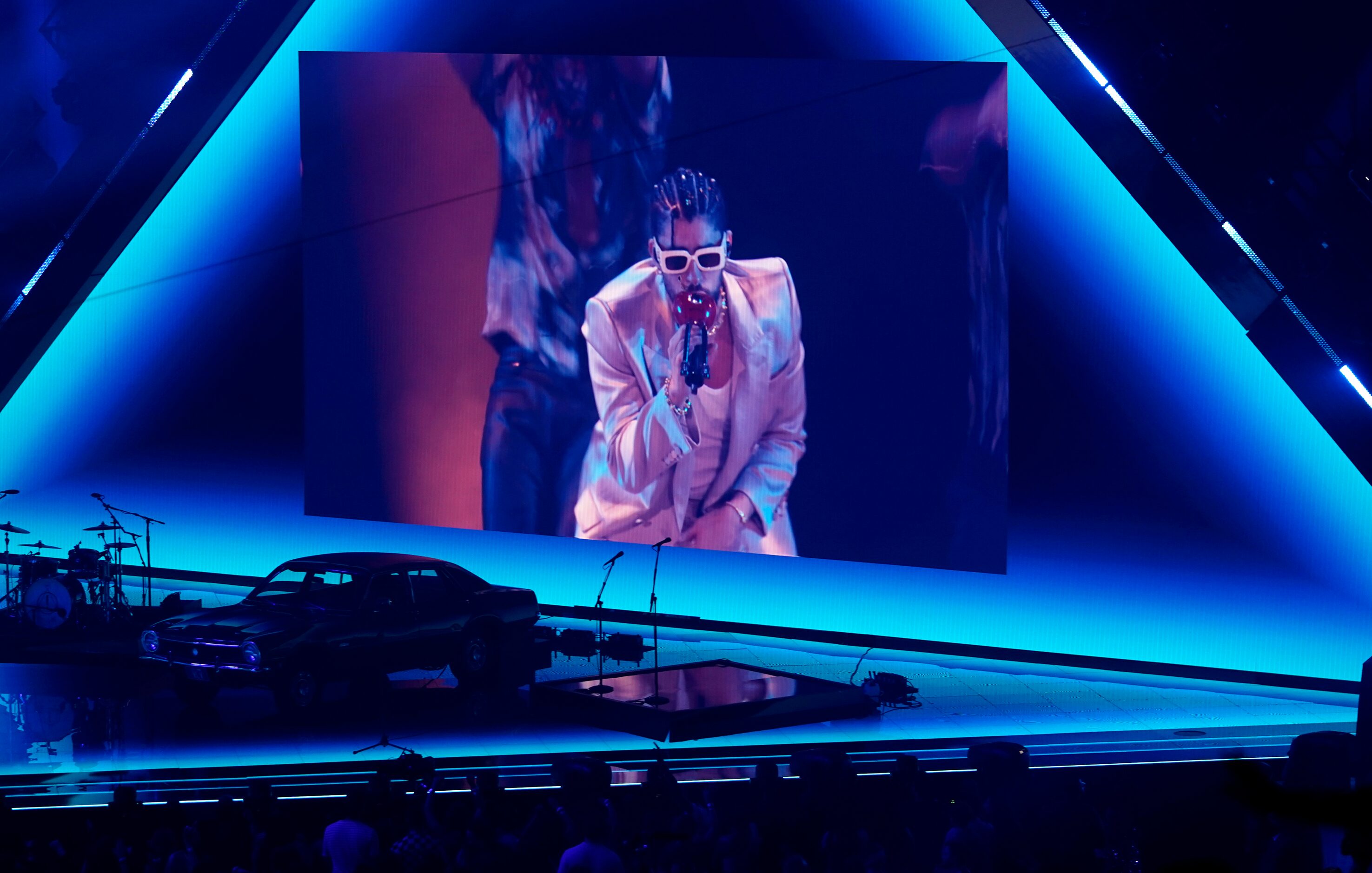 Bad Bunny appears on screen performing remotely at the MTV Video Music Awards at the...