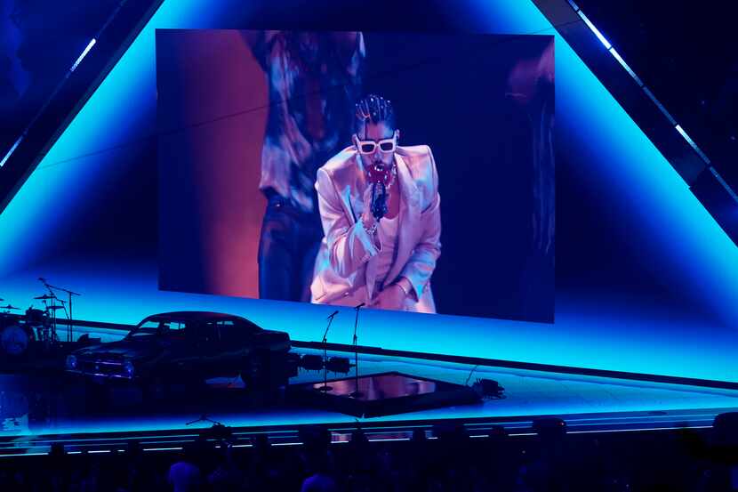 Bad Bunny appears on screen performing remotely at the MTV Video Music Awards at the...