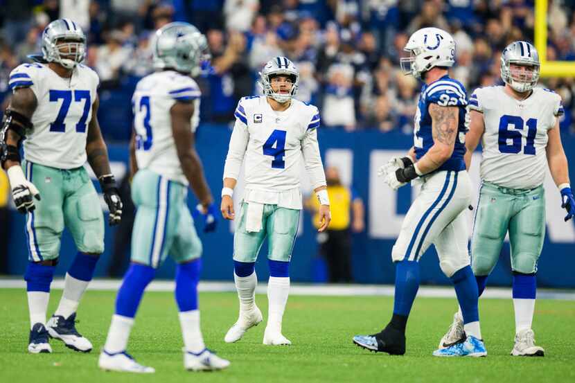 Dallas Cowboys quarterback Dak Prescott (4) reacts after falling short on fourth down during...