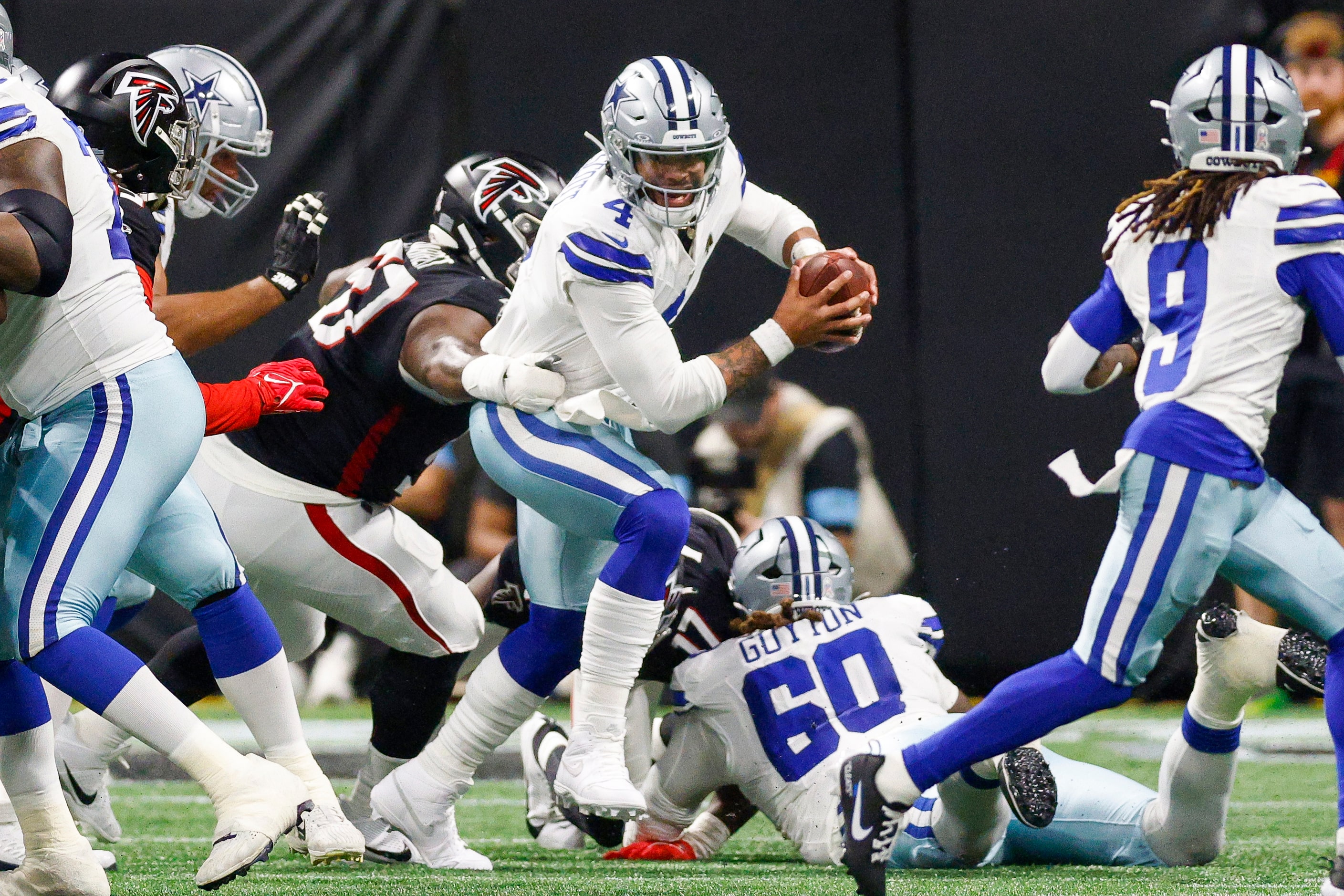 Atlanta Falcons defensive end Grady Jarrett (97) sacks Dallas Cowboys quarterback Dak...