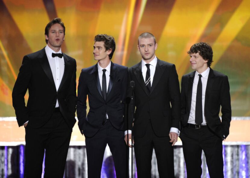 The cast of "The Social Network" from left, Armie Hammer, Andrew Garfield, Justin Timberlake...