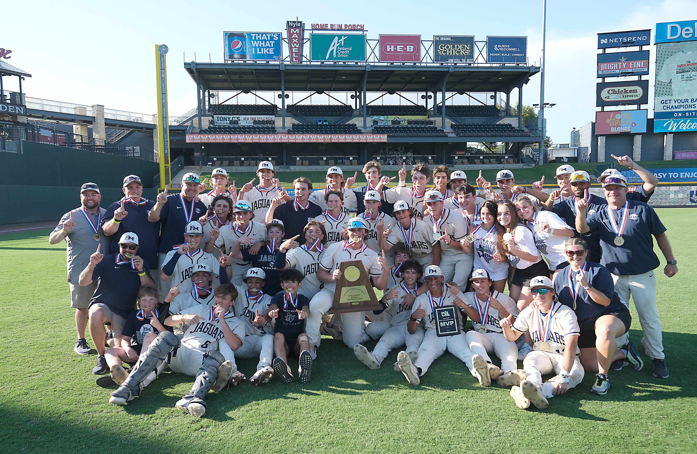 The Flower Mound team poses for a team portrait in after winning the 2023 UIL State 6A...