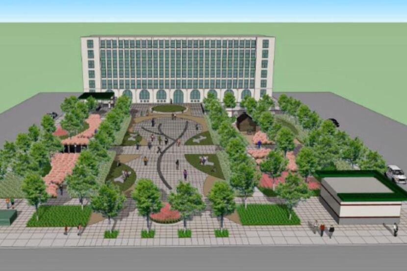 Renovations would turn the plaza into an area dotted with benches, native grasses, evergreen...